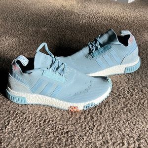 NWOT Adidas NMD Racer Powerknit in ash gray/blue tint.